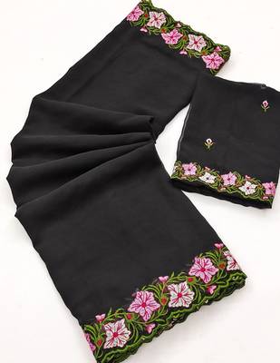 Black Color Multi Thread Embroidery Design Faux Georgette Saree 3
