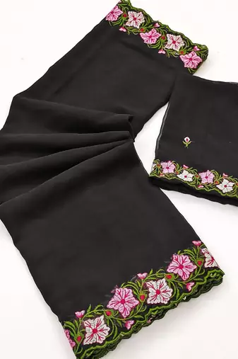 Black Color Multi Thread Embroidery Design Faux Georgette Saree