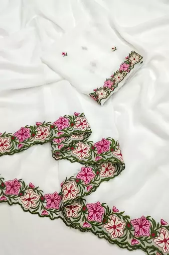 White Color Multi Thread Embroidery Design Faux Georgette Saree