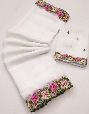 White Color Multi Thread Embroidery Design Faux Georgette Saree 3