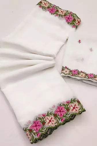 White Color Multi Thread Embroidery Design Faux Georgette Saree