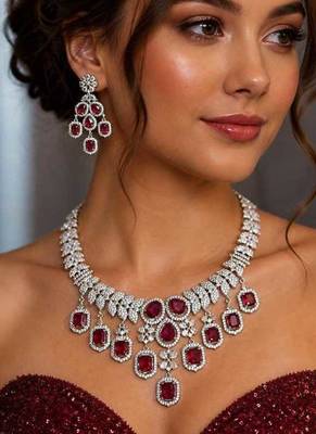 ruby red cz bridal necklace set, emerald cut choker, silver plated wedding jewellery 1