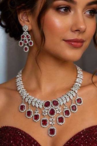 ruby red cz bridal necklace set, emerald cut choker, silver plated wedding jewellery
