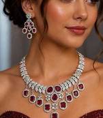 ruby red cz bridal necklace set, emerald cut choker, silver plated wedding jewellery