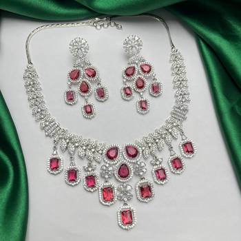 ruby red cz bridal necklace set, emerald cut choker, silver plated wedding jewellery 2