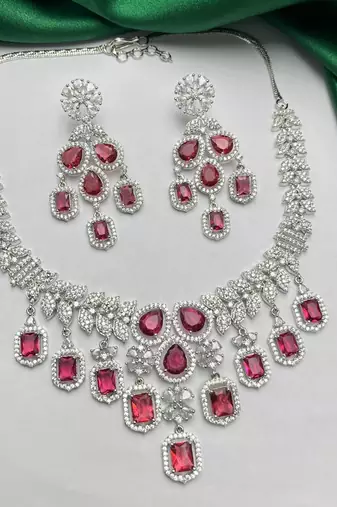 ruby red cz bridal necklace set, emerald cut choker, silver plated wedding jewellery