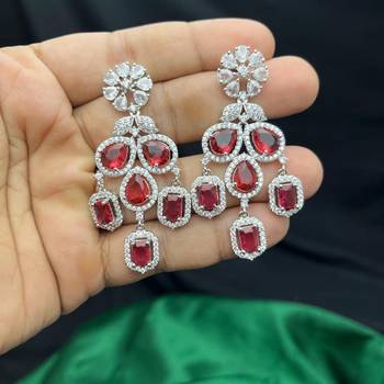 ruby red cz bridal necklace set, emerald cut choker, silver plated wedding jewellery 3