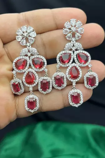 ruby red cz bridal necklace set, emerald cut choker, silver plated wedding jewellery