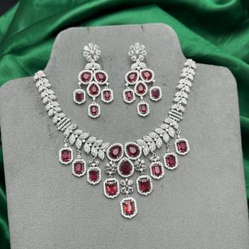 ruby red cz bridal necklace set, emerald cut choker, silver plated wedding jewellery 4