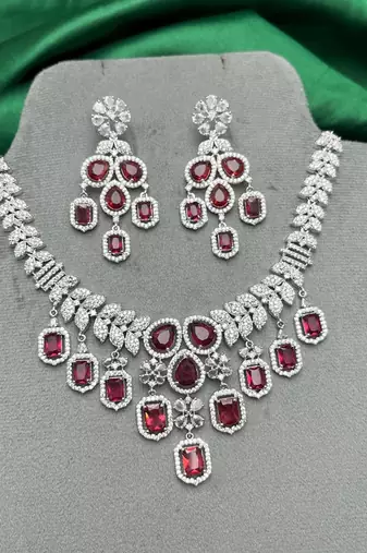 ruby red cz bridal necklace set, emerald cut choker, silver plated wedding jewellery
