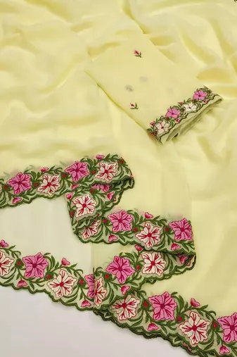 Yellow Color Multi Thread Embroidery Design Faux Georgette Saree
