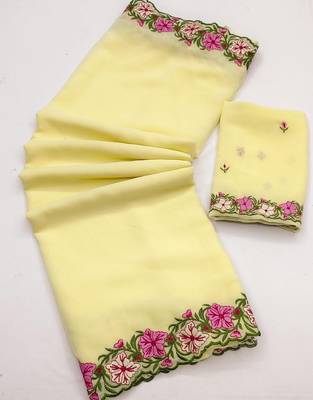 Yellow Color Multi Thread Embroidery Design Faux Georgette Saree 3