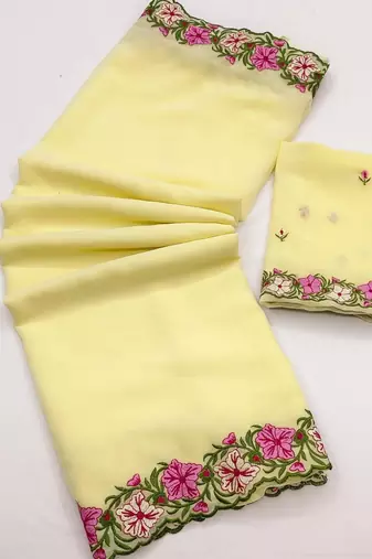 Yellow Color Multi Thread Embroidery Design Faux Georgette Saree
