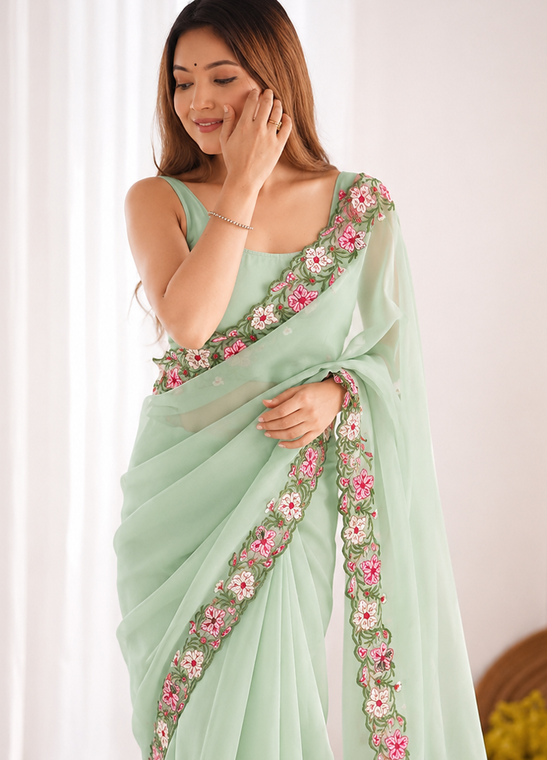 Sea Green Color Multi Thread Embroidery Design Faux Georgette Saree