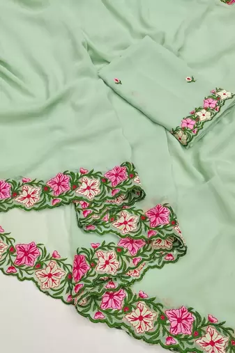 Sea Green Color Multi Thread Embroidery Design Faux Georgette Saree