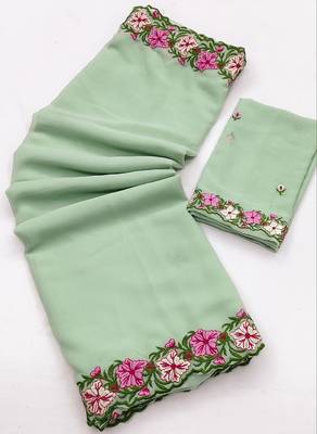 Sea Green Color Multi Thread Embroidery Design Faux Georgette Saree 3