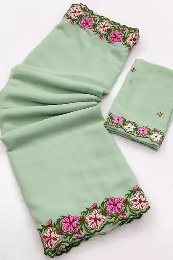 Sea Green Color Multi Thread Embroidery Design Faux Georgette Saree