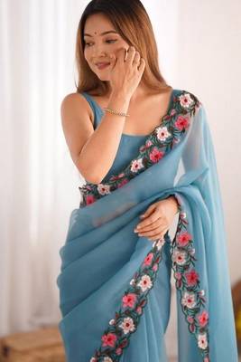 Sky Blue Color Multi Thread Embroidery Design Faux Georgette Saree 1