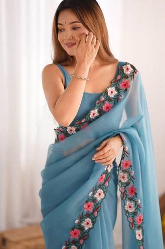 Sky Blue Color Multi Thread Embroidery Design Faux Georgette Saree