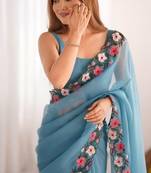 Sky Blue Color Multi Thread Embroidery Design Faux Georgette Saree