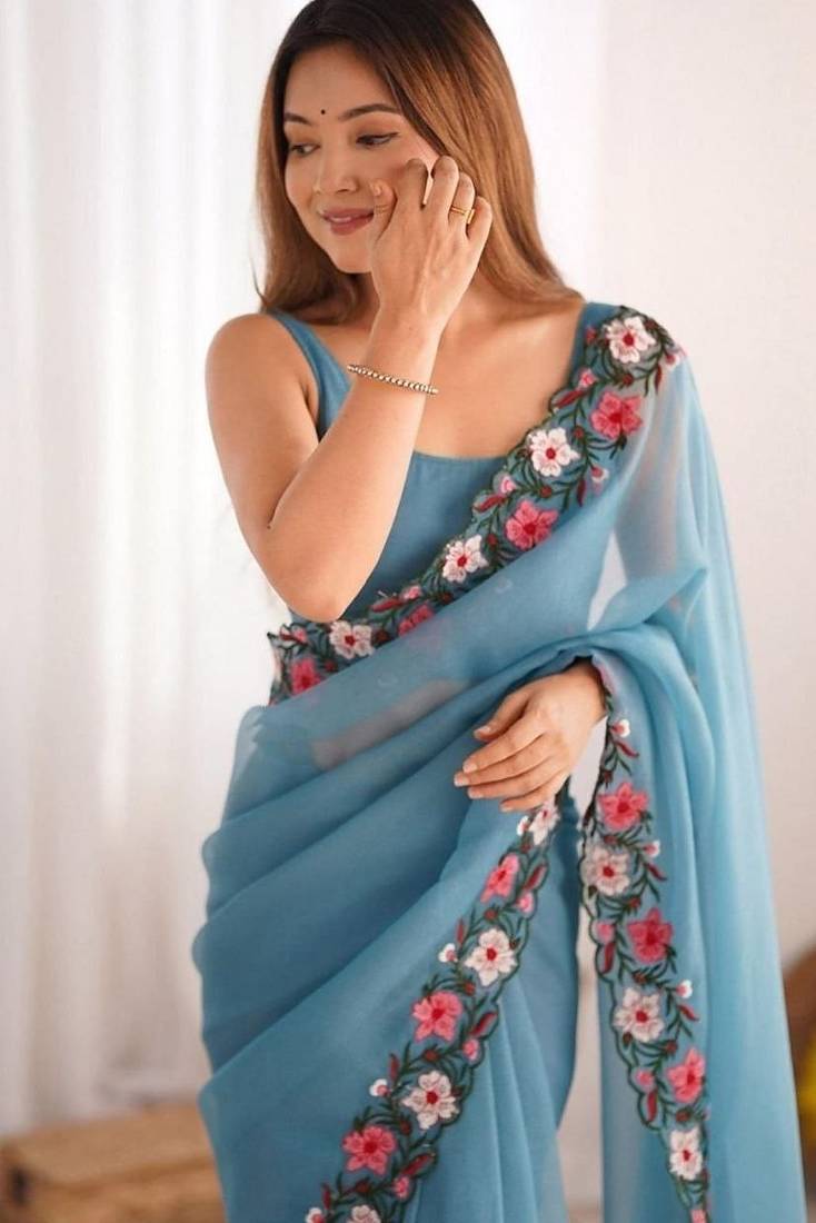Sky Blue Color Multi Thread Embroidery Design Faux Georgette Saree