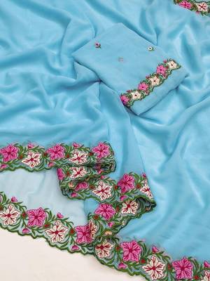 Sky Blue Color Multi Thread Embroidery Design Faux Georgette Saree 2