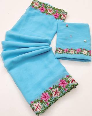 Sky Blue Color Multi Thread Embroidery Design Faux Georgette Saree 3