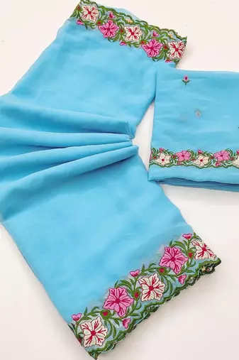 Sky Blue Color Multi Thread Embroidery Design Faux Georgette Saree