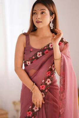 Pink Color Multi Thread Embroidery Design Faux Georgette Saree 1