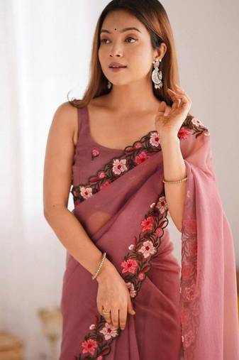 Pink Color Multi Thread Embroidery Design Faux Georgette Saree