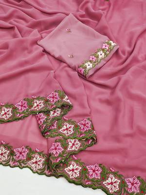 Pink Color Multi Thread Embroidery Design Faux Georgette Saree 2