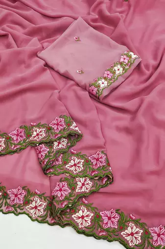 Pink Color Multi Thread Embroidery Design Faux Georgette Saree