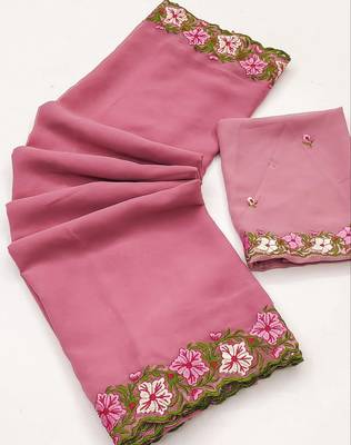Pink Color Multi Thread Embroidery Design Faux Georgette Saree 3