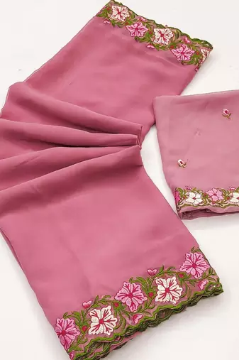 Pink Color Multi Thread Embroidery Design Faux Georgette Saree