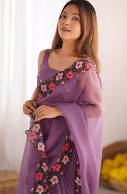 Lavender Color Multi Thread Embroidery Design Faux Georgette Saree 1