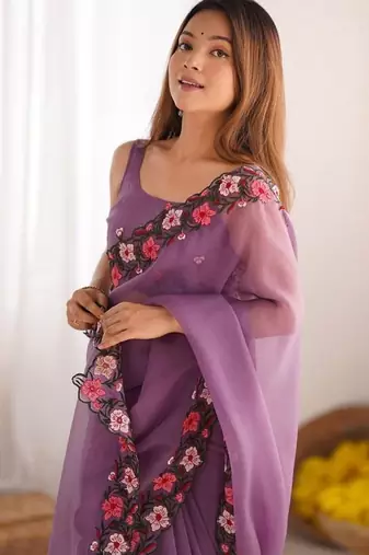 Lavender Color Multi Thread Embroidery Design Faux Georgette Saree