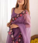 Lavender Color Multi Thread Embroidery Design Faux Georgette Saree