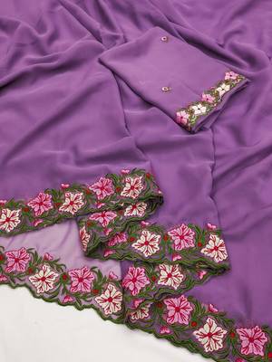 Lavender Color Multi Thread Embroidery Design Faux Georgette Saree 2