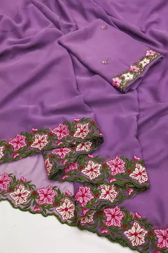 Lavender Color Multi Thread Embroidery Design Faux Georgette Saree