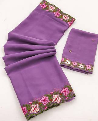 Lavender Color Multi Thread Embroidery Design Faux Georgette Saree 3
