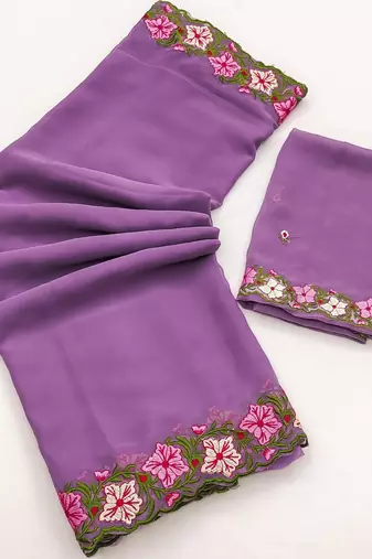 Lavender Color Multi Thread Embroidery Design Faux Georgette Saree