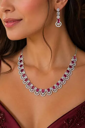 silver‘tone pink stone wedding jewellery set necklace and earrings, bridal, party, formal