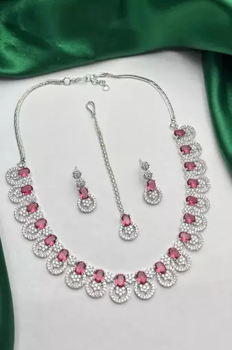 silver‘tone pink stone wedding jewellery set necklace and earrings, bridal, party, formal