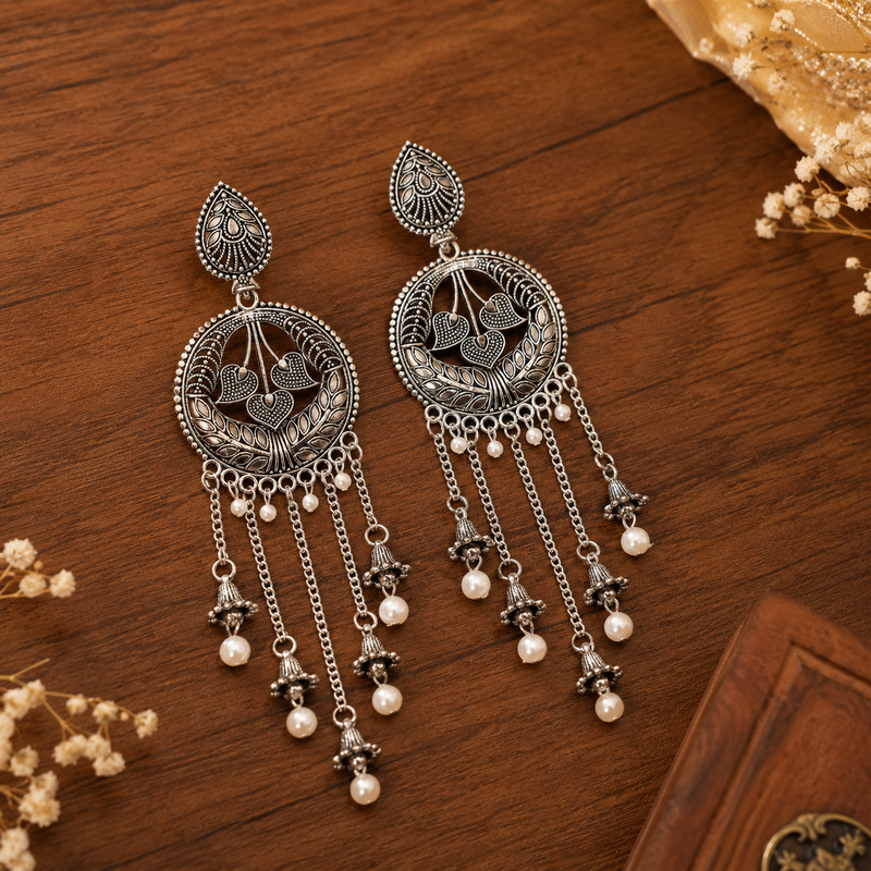 Oxidised silver look dangling pearl long earrings
