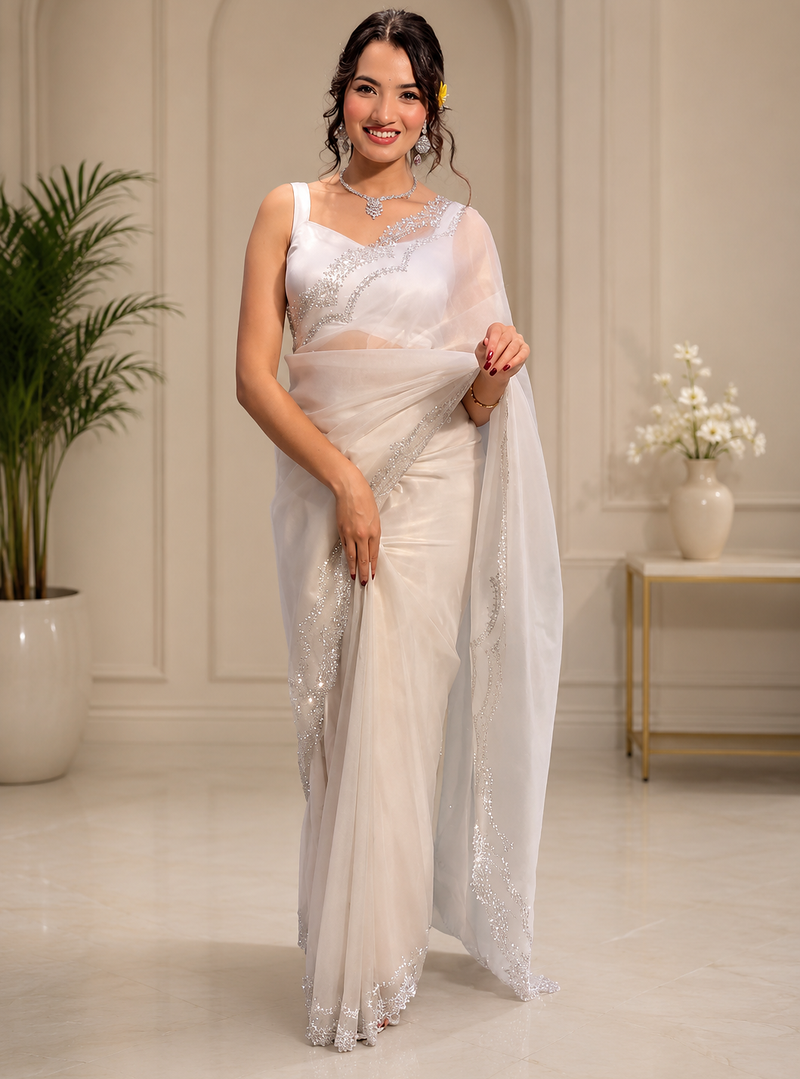 White Color Rich Diamond Cut Work Panel Work Tissue Tweel Net Saree