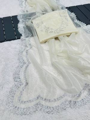 White Color Rich Diamond Cut Work Panel Work Tissue Tweel Net Saree 3