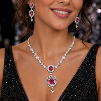 ruby red cz necklace and drop earrings set, silver plated bridal wedding jewellery 1