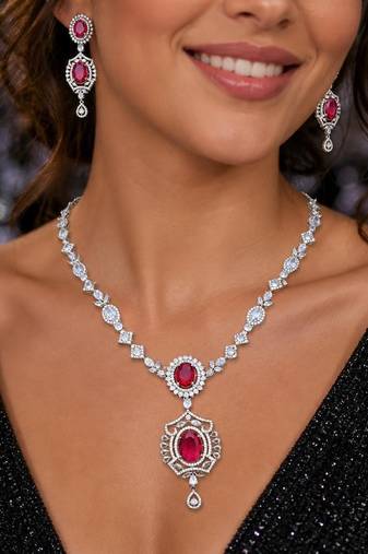 ruby red cz necklace and drop earrings set, silver plated bridal wedding jewellery