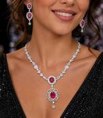 ruby red cz necklace and drop earrings set, silver plated bridal wedding jewellery