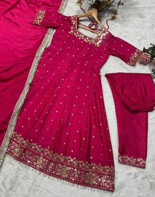 rani pink silk hand work embroidery party wear suit set  4